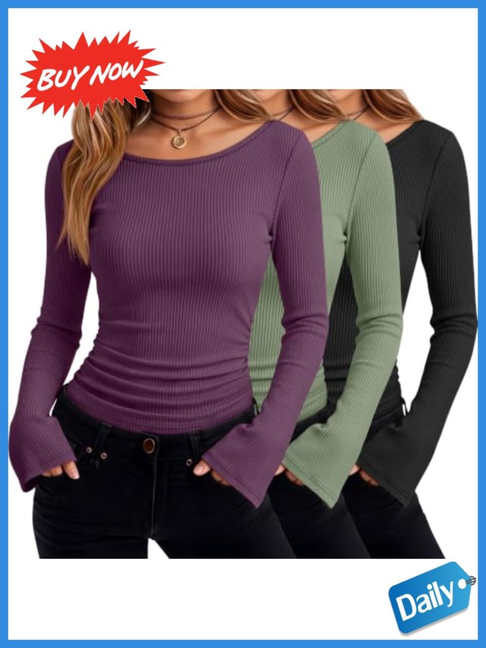 3 Pack Womens Cotton Long Sleeve Boat Neck Bell Sleeve Tops